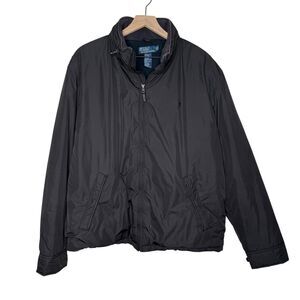 Polo Ralph Lauren Jacket Mens XL Black Flight Coat Leather Collar w/ Hood VTG